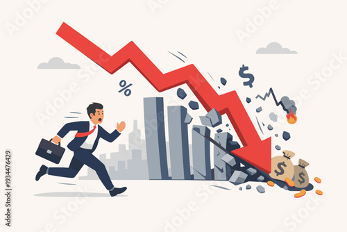 Economic recession and financial crisis concept with a businessman running away from a crashing red arrow smashing bar charts, representing high inflation, stock market crash, and investment risk.