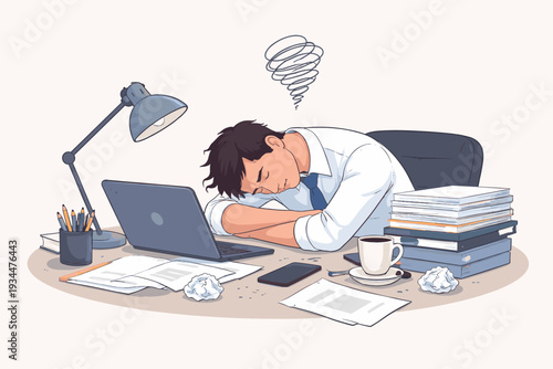 Stressed man sleeping at desk with laptop and paperwork, feeling exhausted and overwhelmed. Concept of work burnout, fatigue, depression, and anxiety from unhealthy work-life balance.