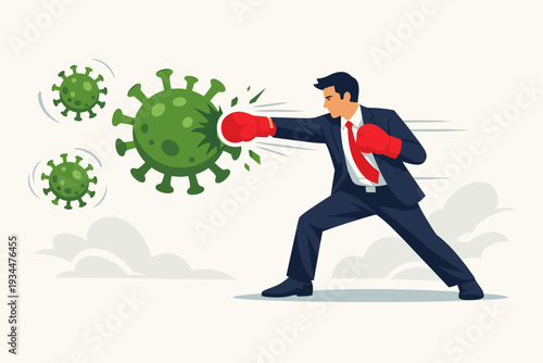 Businessman in a suit wearing red boxing gloves punching a green coronavirus cell, representing the fight for business survival and economic recovery during the global COVID-19 pandemic crisis.