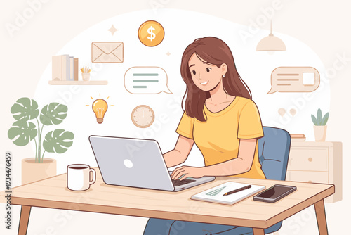 Young woman working from home on a laptop at her desk, freelance digital business entrepreneur concept with icons for money, email, ideas, and communication, remote job and side hustle illustration