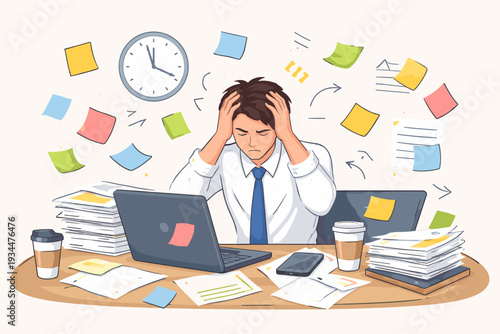 Stressed and Overwhelmed Businessman Sitting at Desk with Laptop and Stacks of Paperwork, Frustrated Employee Dealing with Work Overload, Multitasking Chaos, and Deadline Pressure Illustration