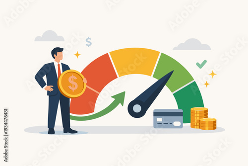 Businessman Holding Large Dollar Coin Next to Credit Score Gauge with Needle Pointing to Excellent Green Zone. Concept of Financial Health, Credit Card Management, and Loan Approval Success Vector.