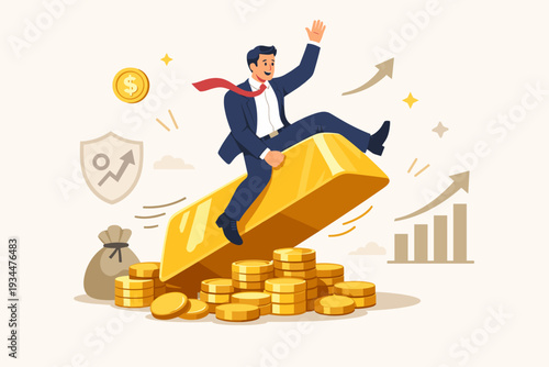 Successful businessman riding a large gold bar over stacks of golden coins, representing gold investment, ETF exchange traded funds, wealth management, financial growth, and market profit.