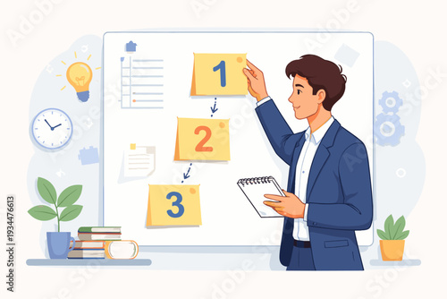 Young Businessman in Suit Arranging Numbered Sticky Notes on Whiteboard for Task Management, Work Prioritization, Project Planning, and Productivity Workflow Concept with Idea and Time Icons.