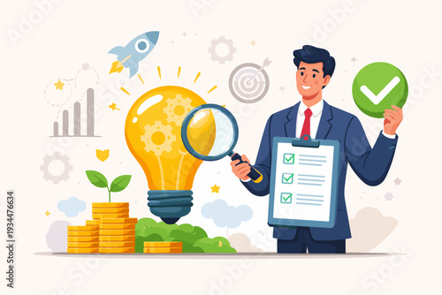 Businessman validating a startup idea with a magnifying glass and clipboard. Lightbulb with gears, rocket ship, and coins represent innovation, growth, market research, and investment success.