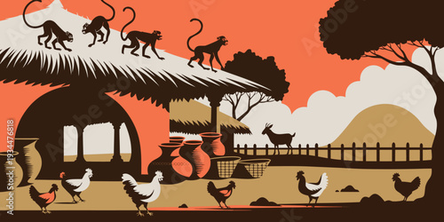 Stylized illustration depicting monkeys chickens and a rural african landscape