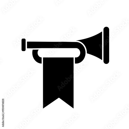 Trumpet with banner, silhouette, vector icon