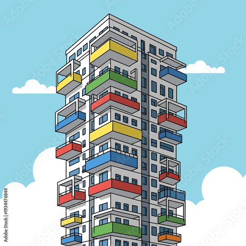 Modern Apartment Building with Colorful Balconies and Cloudy Sky