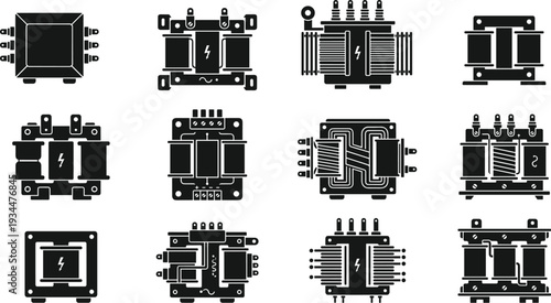 Set of Electrical Transformer Icons, Power Voltage Regulator Silhouettes, Electric Component Symbols for Industrial Engineering, Energy Grid and Circuitry Design