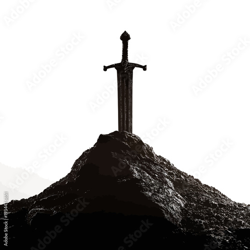 A dramatic silhouette of a sword in a stone on a mountain peak.