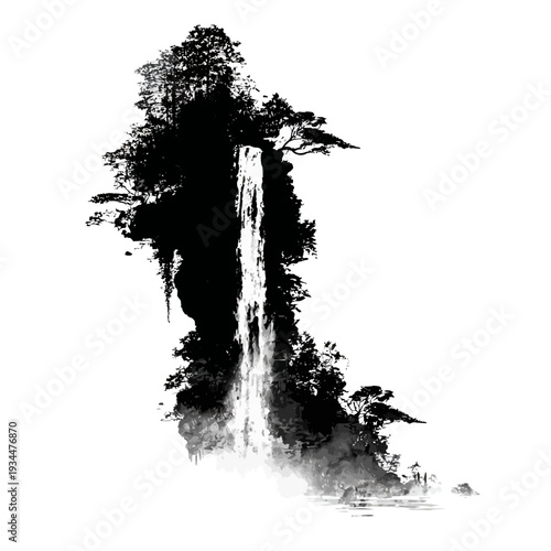 Ink wash painting of a waterfall cascading through a forest landscape.