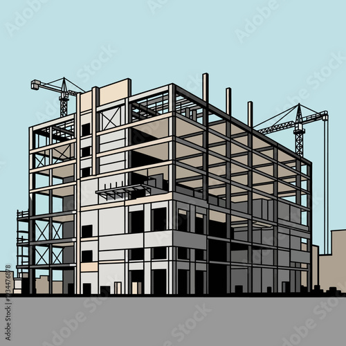 Modern building construction site with cranes and steel frame structure
