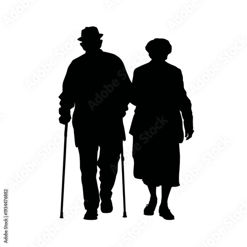 Silhouette of an elderly couple walking together with walking sticks, isolated.