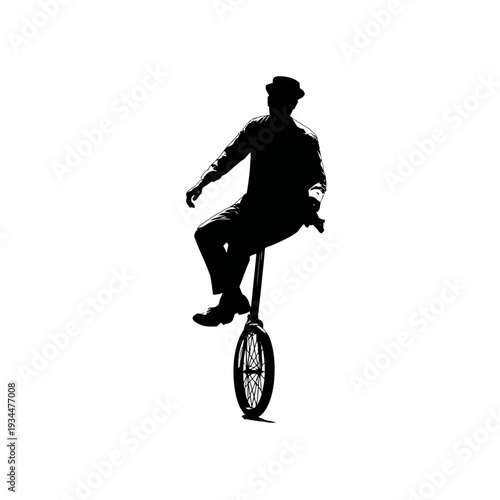 Silhouette of a man riding a unicycle against a white background.