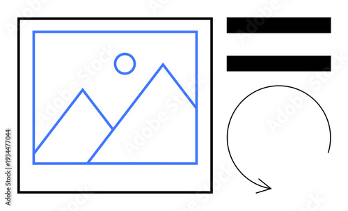 Stylized mountain landscape inside a frame, two horizontal bars, and a circular arrow. Ideal for content update, refresh, file conversion, digital workflow, synchronization, transformation