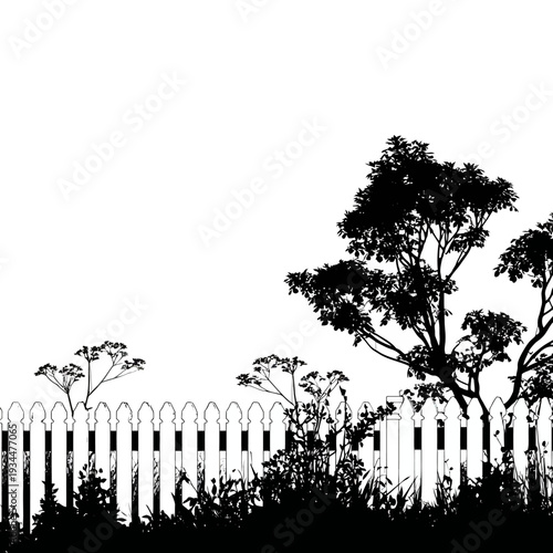 Black and white silhouette of a picket fence with trees and plants in a garden.
