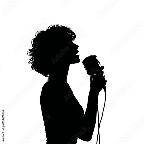 Silhouette of a woman singing into a vintage microphone against a white background.