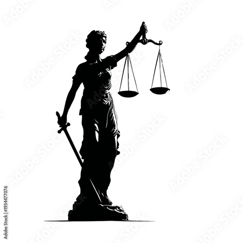Silhouette of Lady Justice statue holding scales and sword against white background.