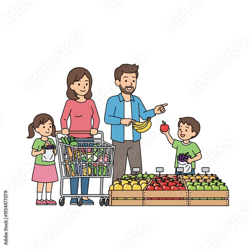 Happy family shopping for fresh fruits and vegetables at a grocery store, healthy lifestyle