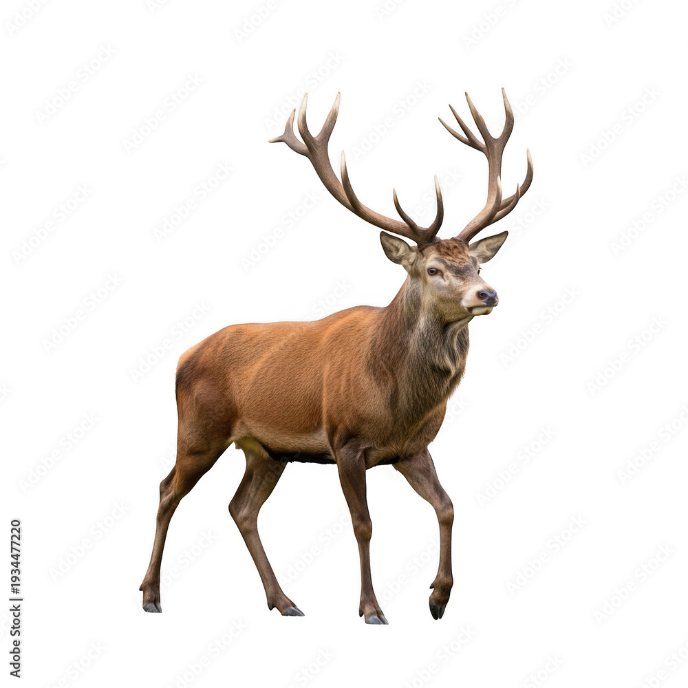 Fototapeta premium Red deer stag with large antlers walking, isolated on white