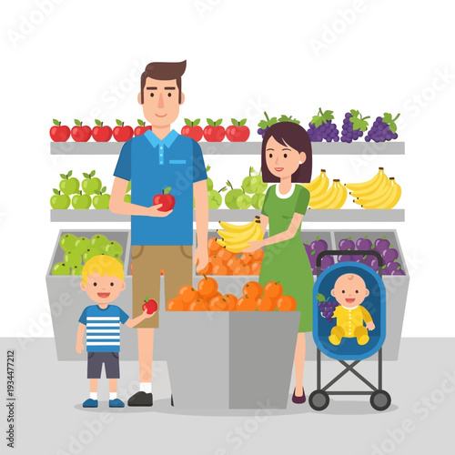 Happy family shopping for fresh fruits at a grocery store, healthy lifestyle concept