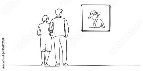Minimalist one line drawing of couple viewing art in gallery