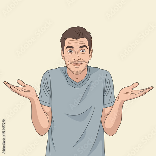 Man shrugging shoulders with confused expression, hands up in question gesture