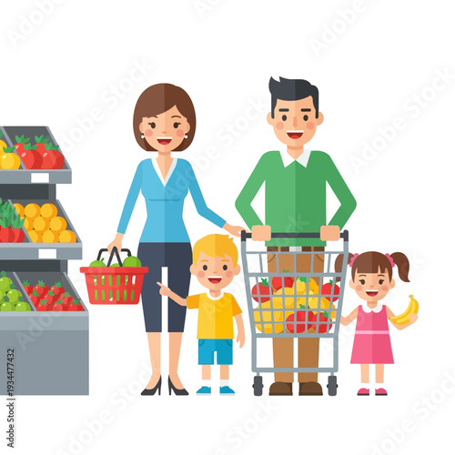 Happy family shopping for groceries at a supermarket, pushing a cart full of fruits and vegetables.