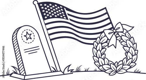 American flag and wreath at memorial grave site headstone
