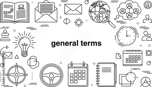 Business and finance related icons surrounding the text general terms on white background Keywords: business, finance, icons