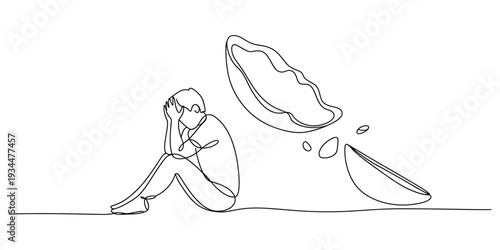 Continuous line art of sad person sitting near broken shell