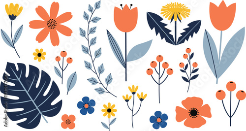 Floral Icons Collection: Vibrant Flowers, Leaves, and Nature Elements in Bold Colors