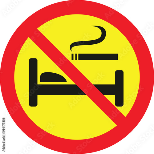No smoking in hotel rooms sign with bed and cigarette icon in red circle