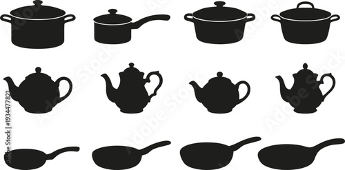 Set of Kitchenware Silhouettes, Cooking Pot and Pan Icons, Ceramic Teapot and Saucepan Symbols for Restaurant Menu, Home Cooking and Culinary Design