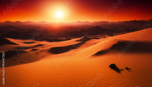Golden hour over endless alien sand dunes.