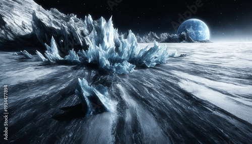 Blue ice crystals on frozen alien world surface.