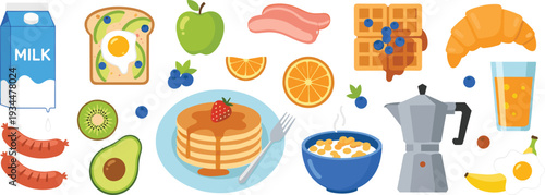 Healthy Breakfast Food Icons: Pancakes, Avocado Toast, Fruit, Coffee, and Milk