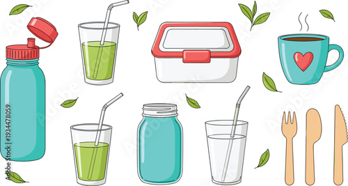 Eco-Friendly Drinkware and Lunch Box Collection with Reusable Bottles, Cups, and Utensils