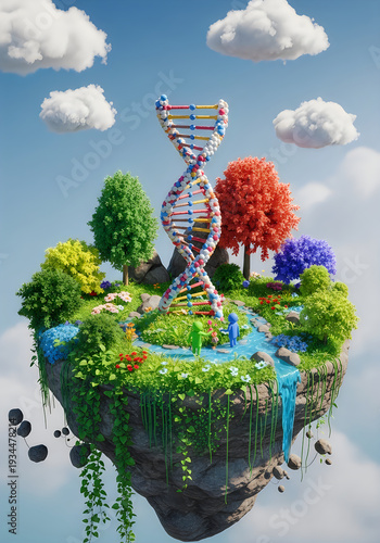 Floating island with dna structure and vibrant flora in the sky