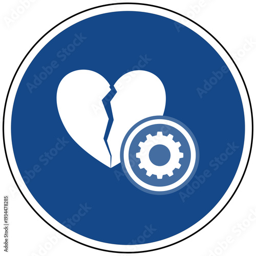 Vektor Icon Gebrochenes Herz mit Zahnrad für Gefühl Einstellung Emotion Konfiguration und Psychologie Optionen auf blauem Schild