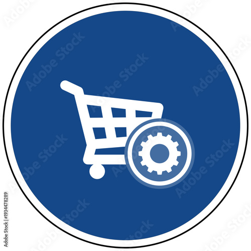 Vektor Icon Einkaufswagen Warenkorb mit Zahnrad für Shop Einstellung Konfiguration und E-Commerce Optionen auf blauem Schild
