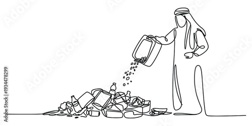 One line drawing of arab man emptying trash bin onto garbage pile
