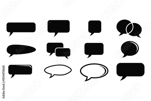 Black Speech Bubble Icons Set, Comic Chat Clouds and Glossy Message Balloons Vector Illustration