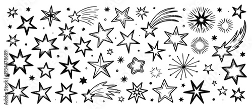 Crayon Star Collage Vector Set, Hand-Drawn Shooting Stars, Sparkle, Twinkle, Burst and Explosion Elements with Beige Torn Craft Paper, Pastel Chalk Style.