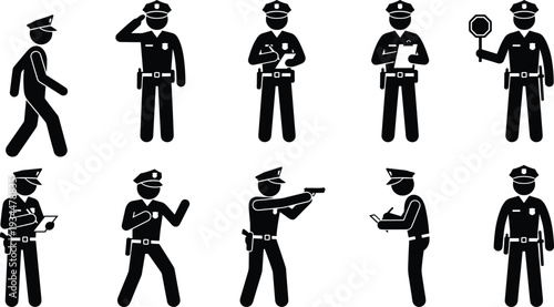 Set of Police Officer Stick Figure Icons, Law Enforcement Professional Silhouettes, Cop Character Poses for Security, Safety and Justice Desig