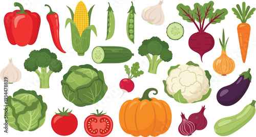 Peppers, Tomatoes, Carrots, Broccoli, Pumpkin, and More in a Fresh Cartoon Style