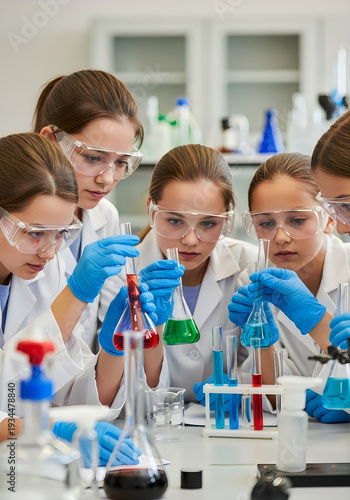 Students in a laboratory conducting a chemistry experiment with test tubes and safety gear