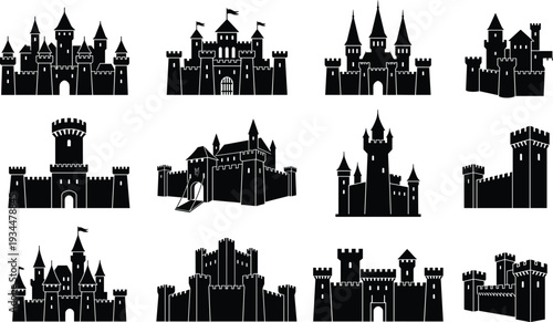 Set of Medieval Castle Silhouettes, Royal Fortress and Palace Icons, Ancient Citadel and Tower Graphics for History, Fantasy and Fairy Tale Design