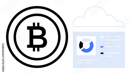 Bitcoin concept. Bitcoin and cryptocurrency symbol with cloud computing and data visuals. Bitcoin in decentralized finance, crypto trading, digital payments, blockchain applications, data analytics