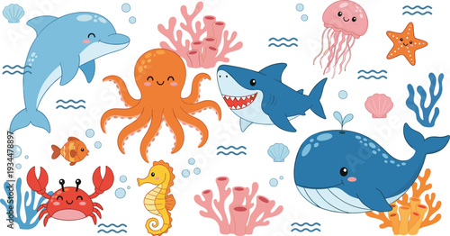 Dolphin, Shark, Whale, Octopus, Jellyfish, and Coral Reef in a Fun Cartoon Style for Kids